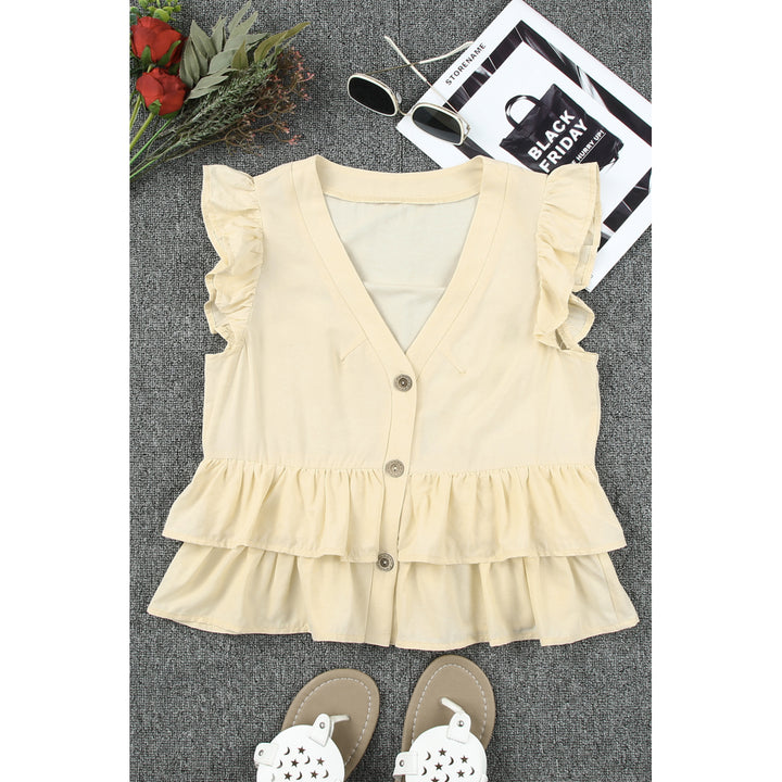 Women's Beige Tiered Ruffles Buttoned V Neck Top Image 1