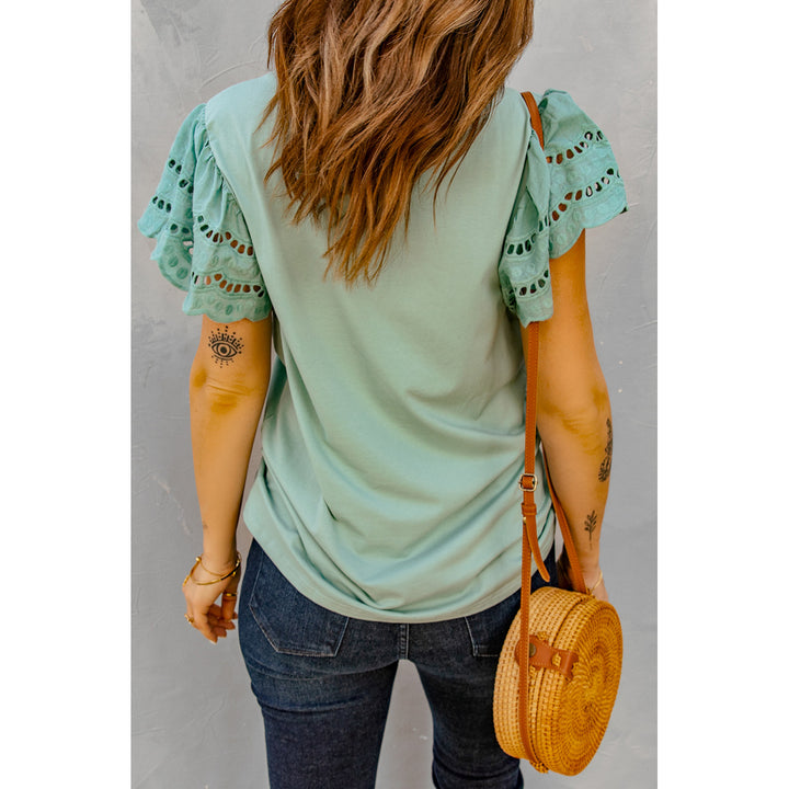Women's Green Hollow Out Ruffle Sleeve T-shirt Image 2