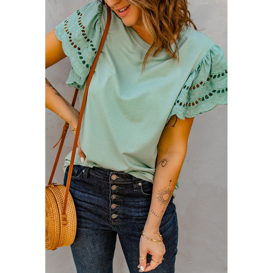Women's Green Hollow Out Ruffle Sleeve T-shirt Image 1