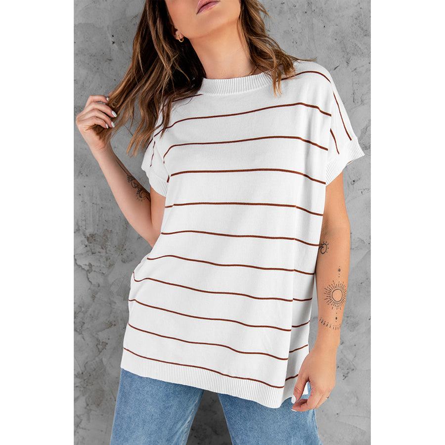 Womens Brown Striped Knit Sweater Short Sleeve Top Image 1