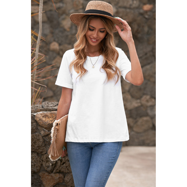 Women's White Solid Color Rolled Short Sleeve T Shirt Image 1