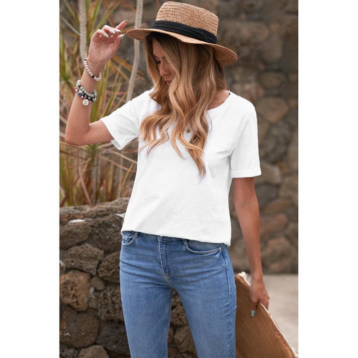 Women's White Solid Color Rolled Short Sleeve T Shirt Image 3