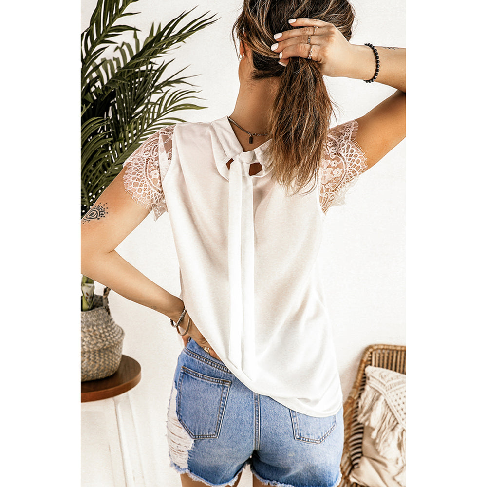 Women's White Lace Splicing Tie Knot Mock Neck T-shirt Image 2