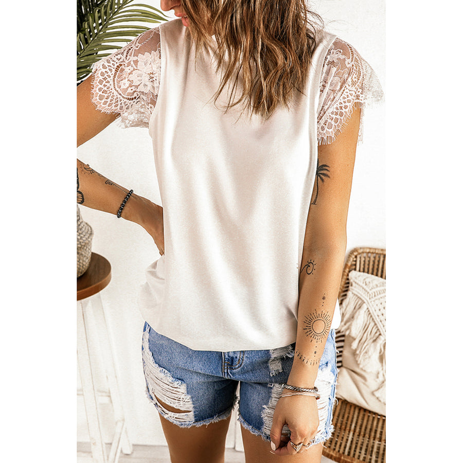 Women's White Lace Splicing Tie Knot Mock Neck T-shirt Image 1