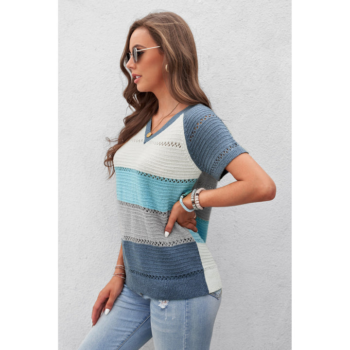 Women's Sky Blue Stripe Print Knitted V Neck Top Image 2