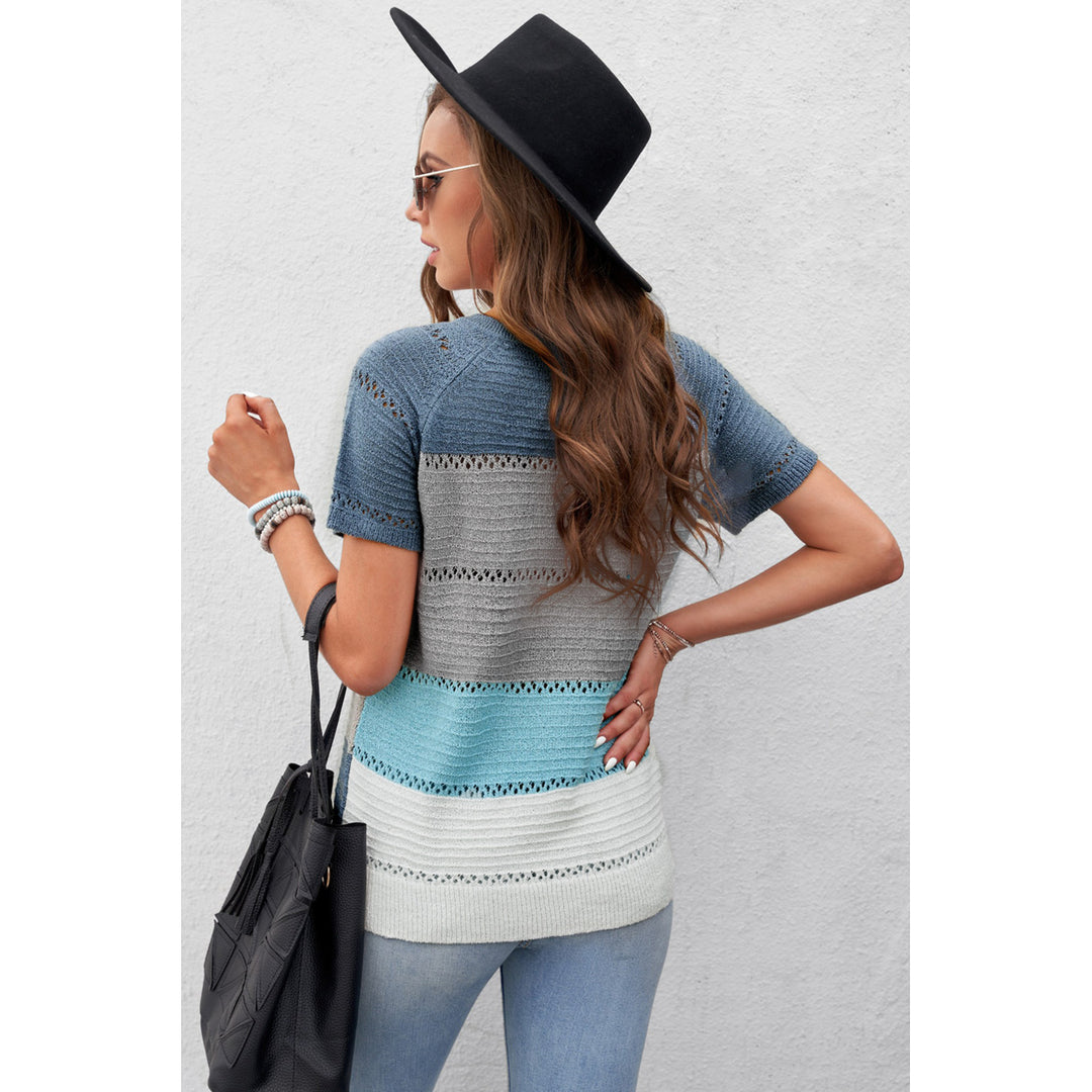 Women's Sky Blue Stripe Print Knitted V Neck Top Image 3