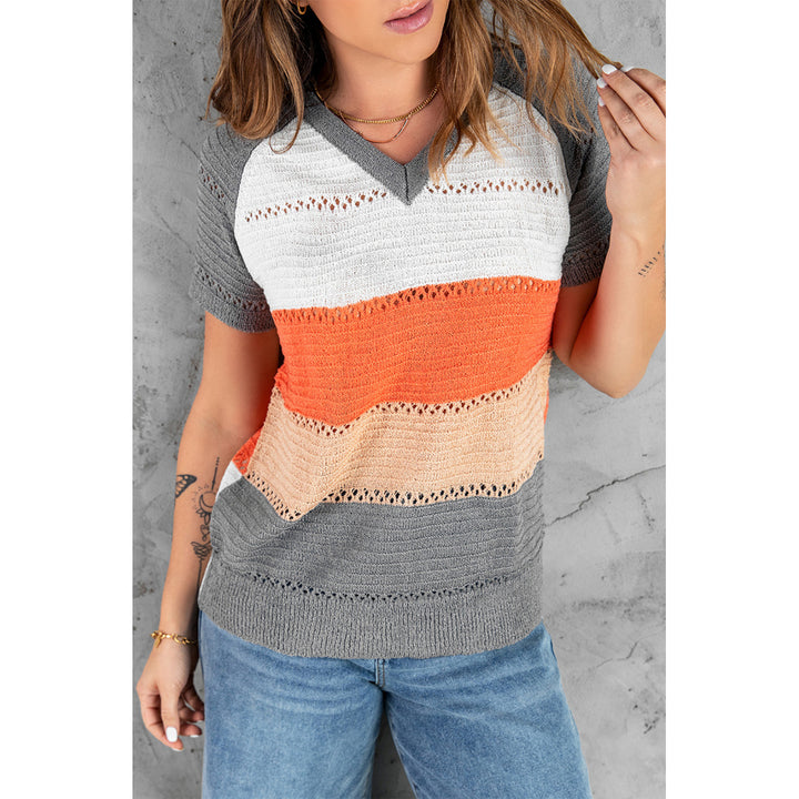 Womens Gray Stripe Print Knitted V Neck Top Image 1