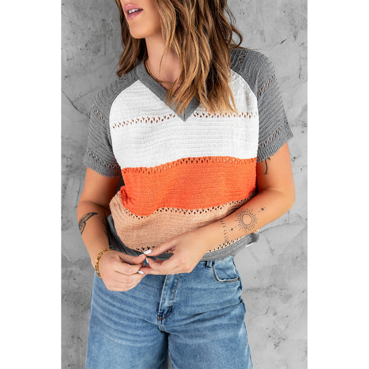 Womens Gray Stripe Print Knitted V Neck Top Image 3