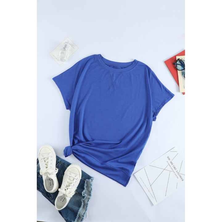 Womens Blue Round Neck Short Sleeve Solid Color Tee Image 1