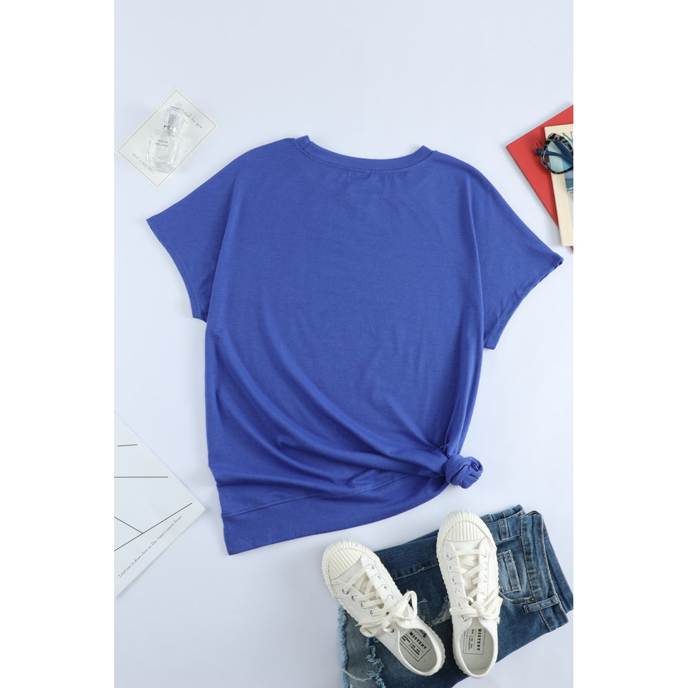 Womens Blue Round Neck Short Sleeve Solid Color Tee Image 2