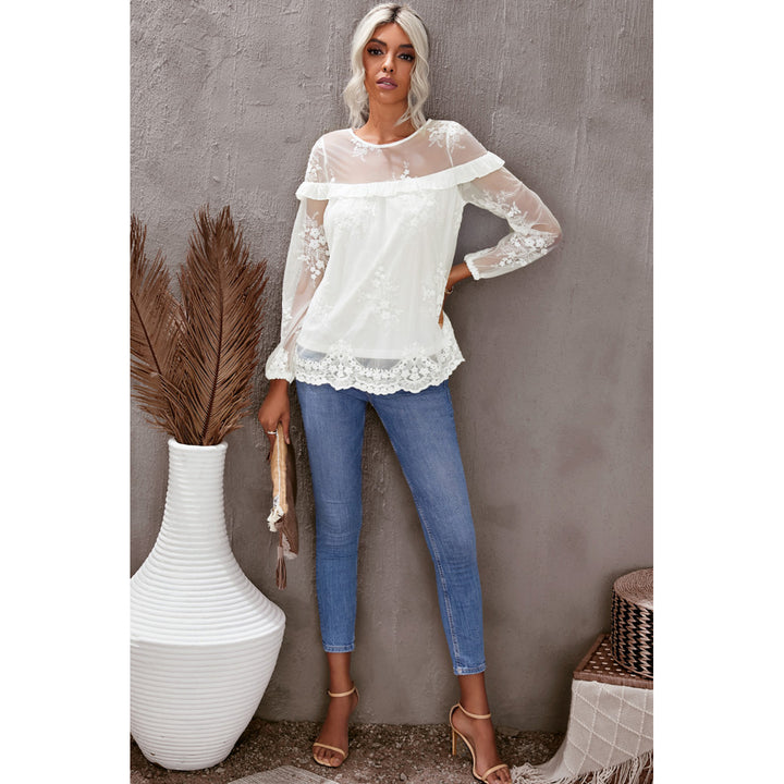 Womens White Solid Color Crewneck Lace Mesh Ruffle Top Image 3