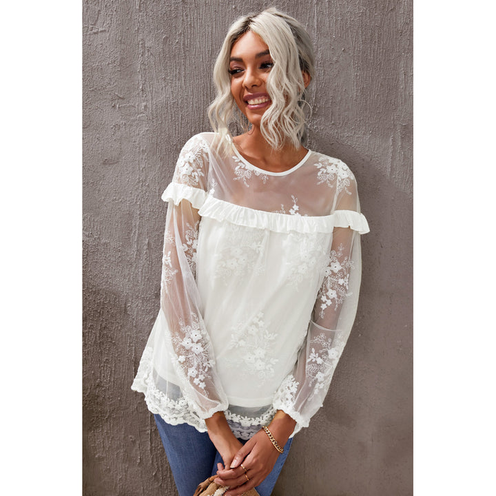 Womens White Solid Color Crewneck Lace Mesh Ruffle Top Image 6