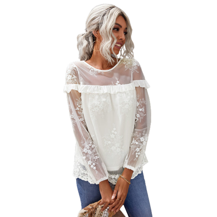 Womens White Solid Color Crewneck Lace Mesh Ruffle Top Image 7