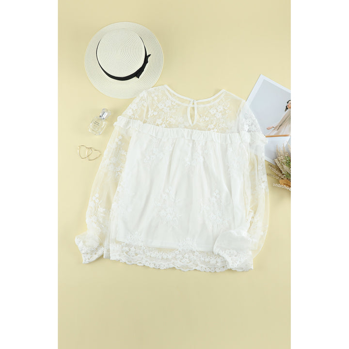 Womens White Solid Color Crewneck Lace Mesh Ruffle Top Image 9
