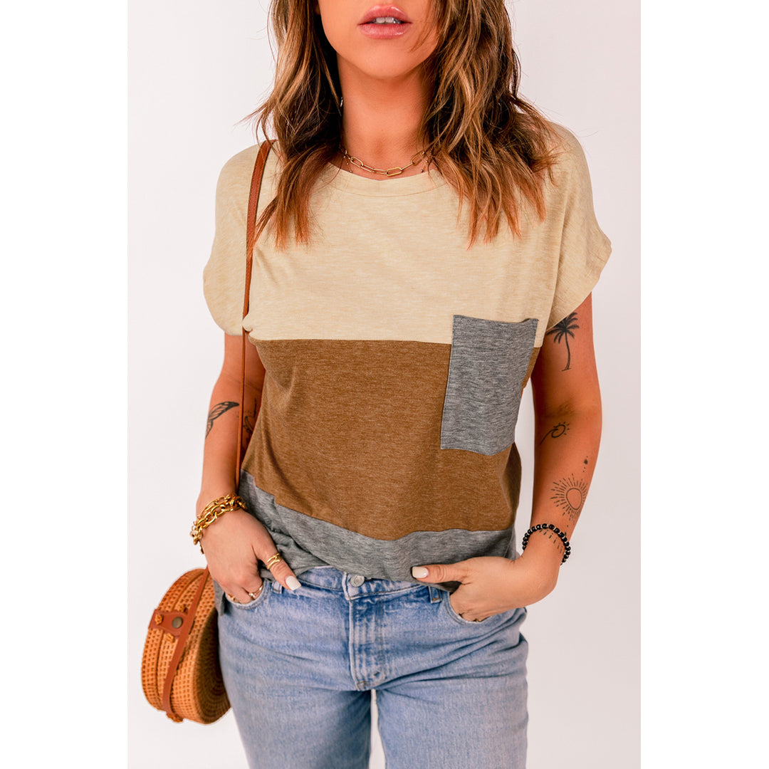 Women's Brown Colorblock Pocketed Cap Sleeve Top Image 1