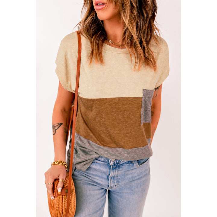 Women's Brown Colorblock Pocketed Cap Sleeve Top Image 3