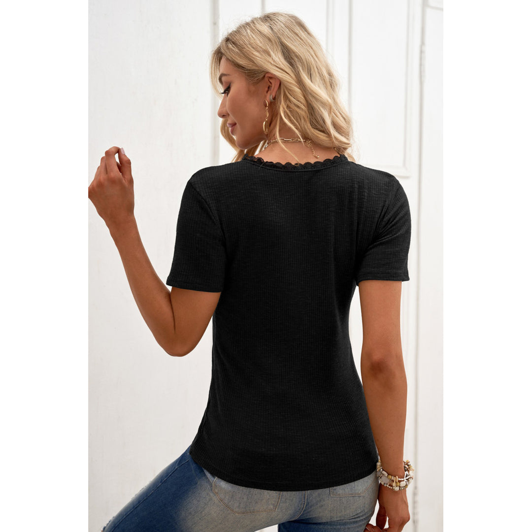 Women's Black Buttoned Ribbed Knit Short Sleeve Top Image 1