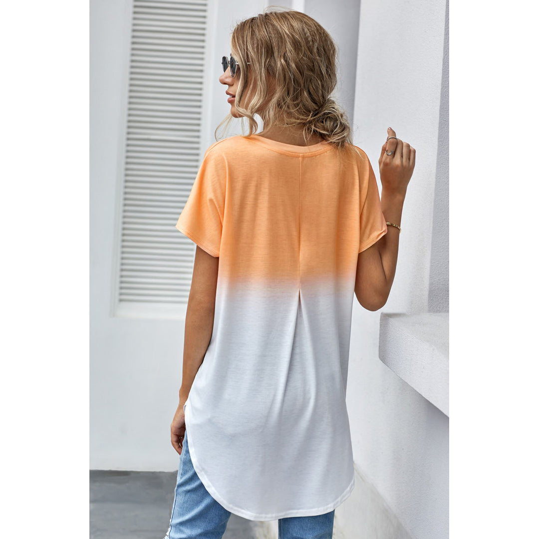 Women's Orange White Ombre Color Block Casual Summer Shirt Image 2