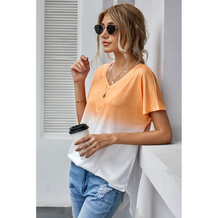 Women's Orange White Ombre Color Block Casual Summer Shirt Image 1