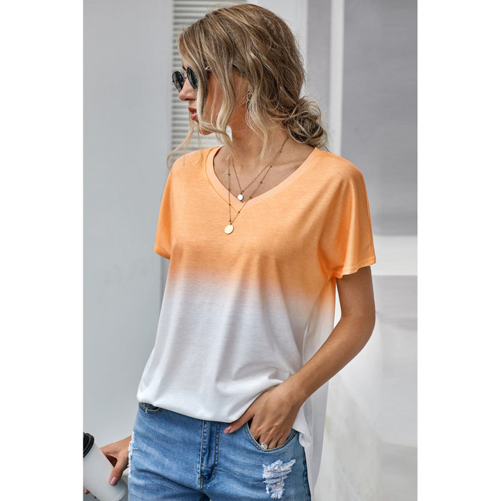 Women's Orange White Ombre Color Block Casual Summer Shirt Image 3