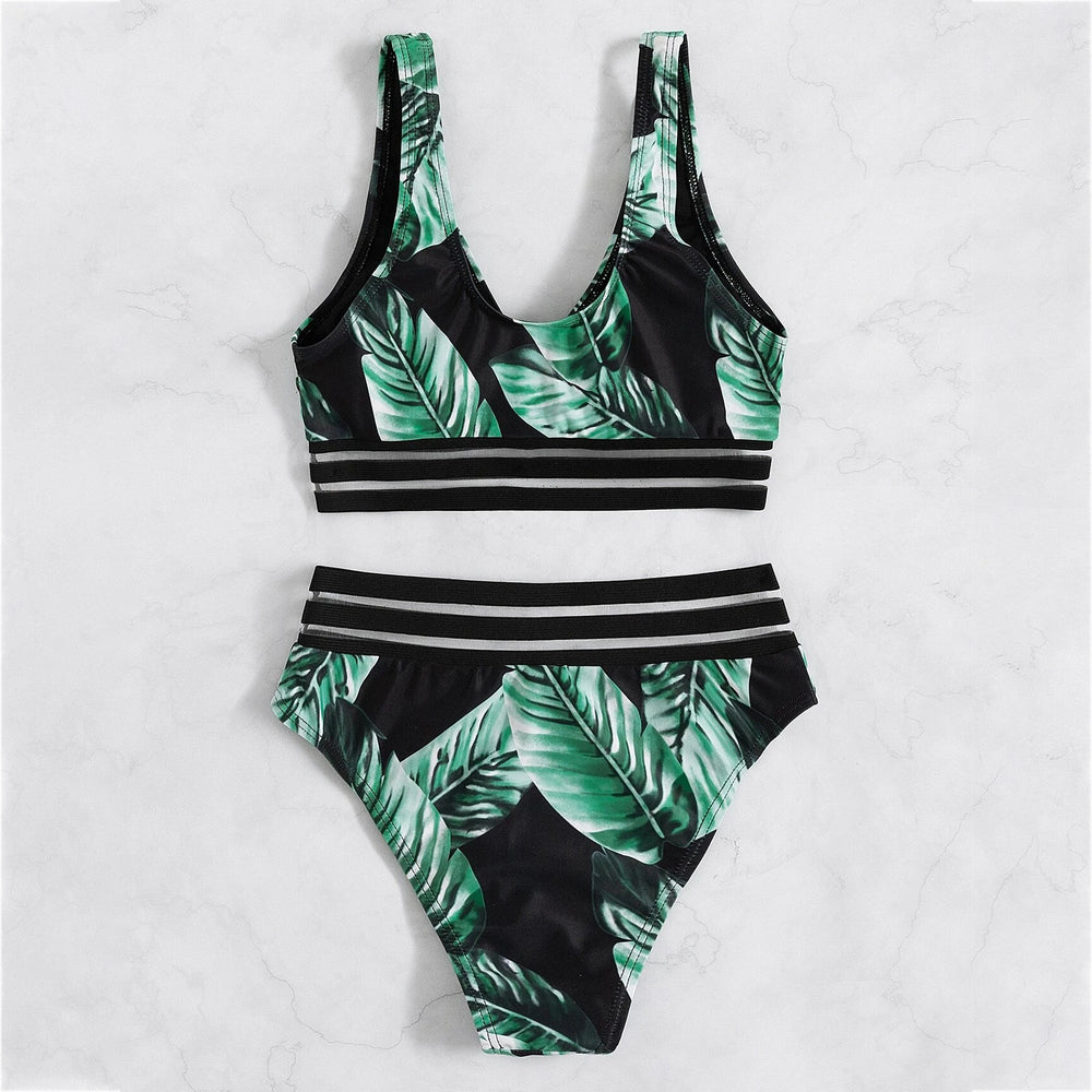 Tropical Print Contrast Mesh Bikini Swimsuit Image 2