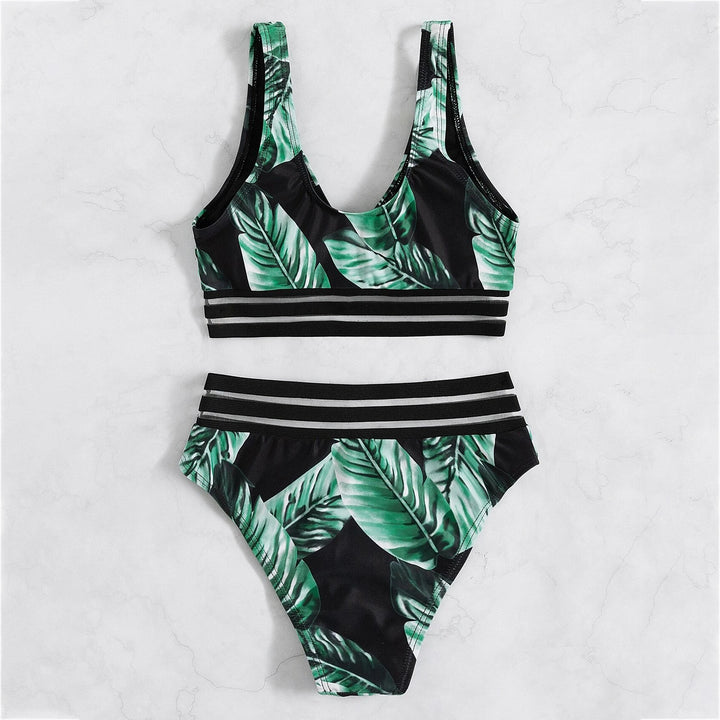 Tropical Print Contrast Mesh Bikini Swimsuit Image 2