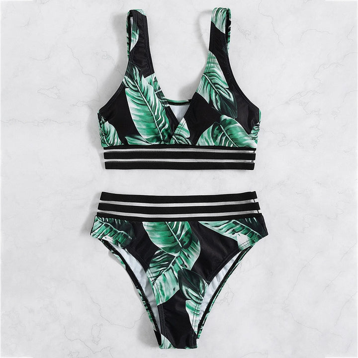 Tropical Print Contrast Mesh Bikini Swimsuit Image 3
