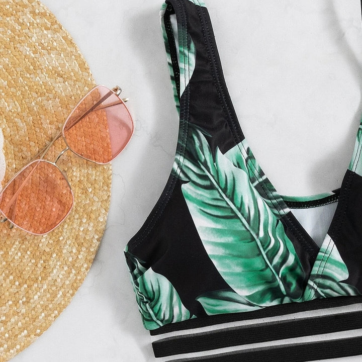 Tropical Print Contrast Mesh Bikini Swimsuit Image 4