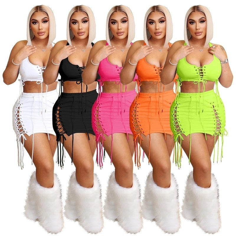 2pack Sexy Halter Sleeveless Top with High Waist Lace Up Skirts Image 1