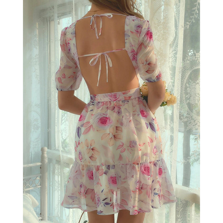 Random Floral Print Cut Out Tie Backless Ruffle Hem Chiffon Dress Image 2