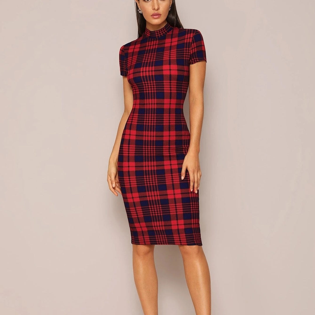 Mock Neck Plaid Pencil Dress Image 4