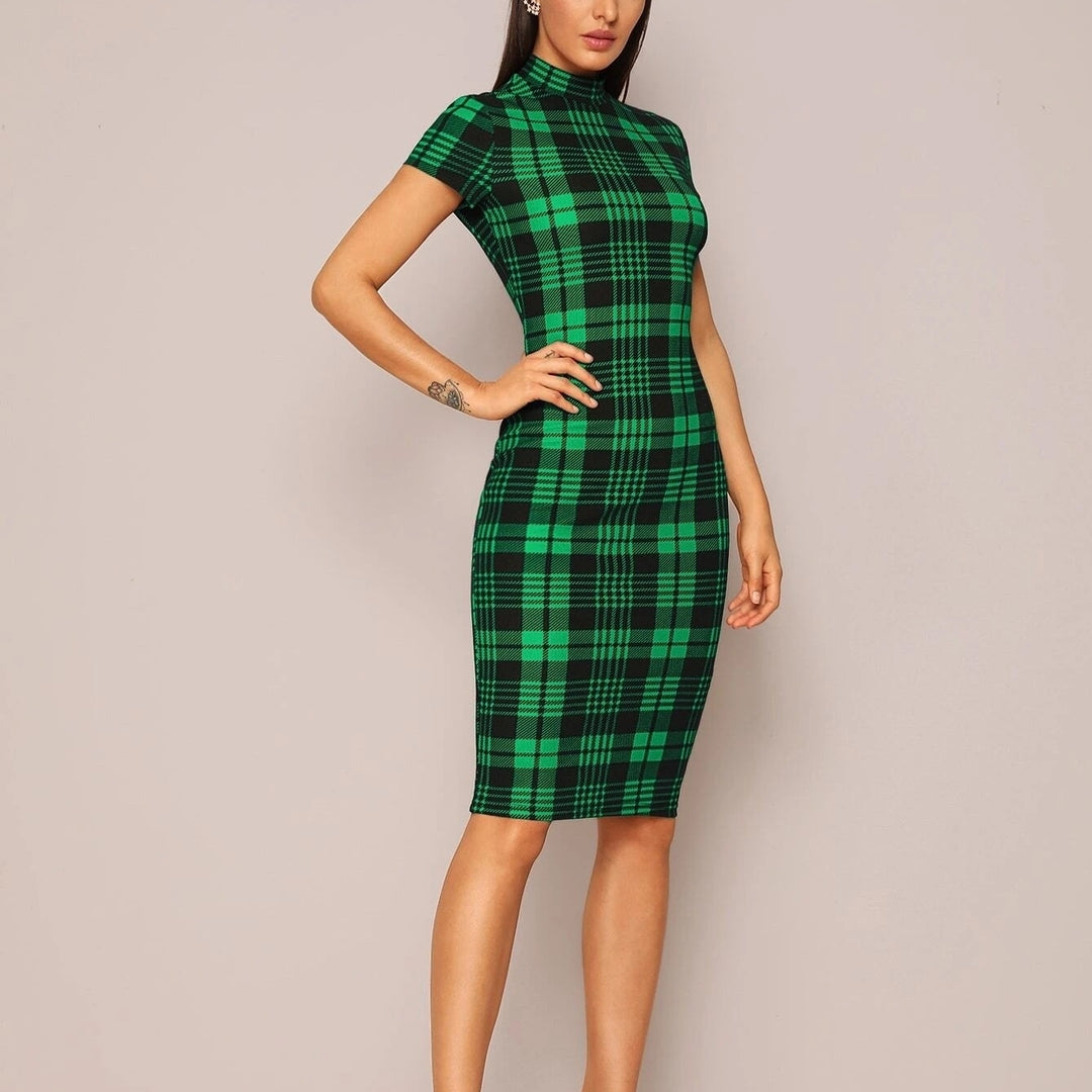 Mock Neck Plaid Pencil Dress Image 6