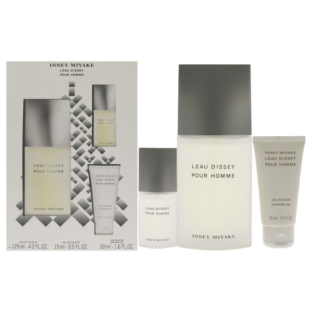 Leau Dissey Pour Homme by Issey Miyake for Men - 3 Pc Gift Set 4.2oz EDT Splash15ml EDT Spray1.6oz Shower Gel Image 1