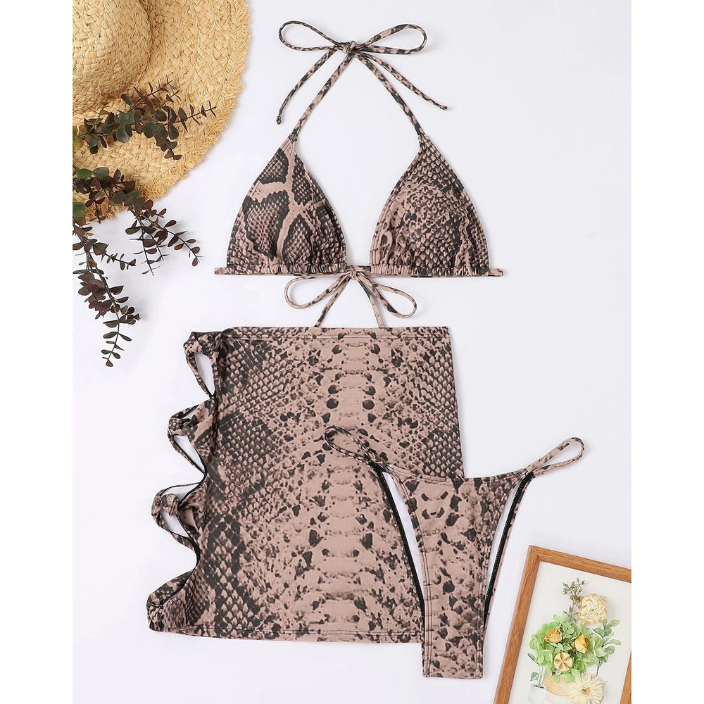 3pack Snakeskin Print Tie Back Micro Triangle Bikini Swimsuit Image 2