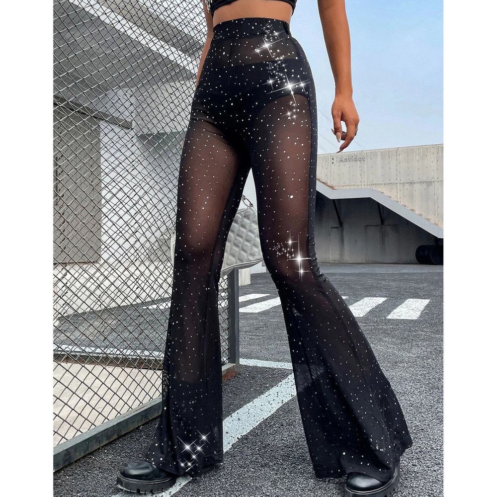 Allover Print Flare Leg Mesh Pants Without Panty Image 2