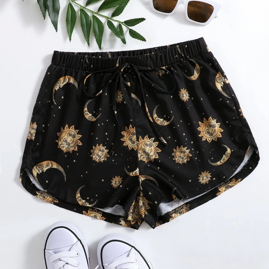 Moon and Sun Print Knot Front Shorts Image 1