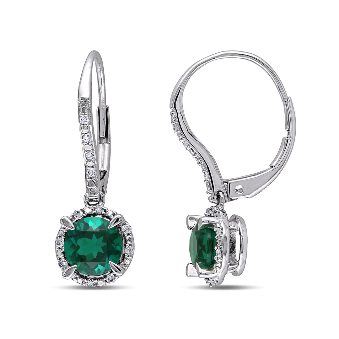 1.70 Carat (ctw) Lab-Created Emerald Drop Earrings in 10K White Gold with Diamonds Image 1