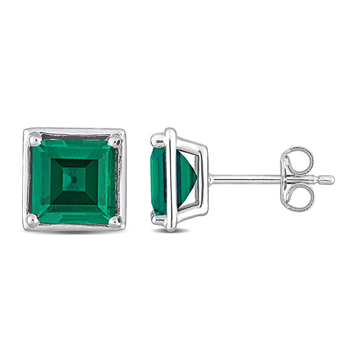 3.40 Carat (ctw) Lab-Created Emerald Square Bezel-Set Solitaire Stud Earrings in Sterling Silver Image 1