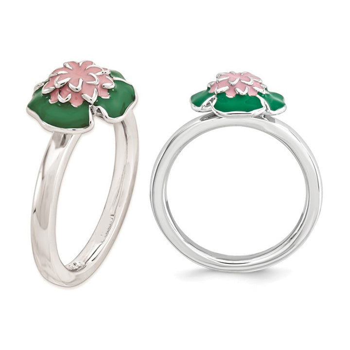 Sterling Silver Green Enamel Water Lily Ring Image 4