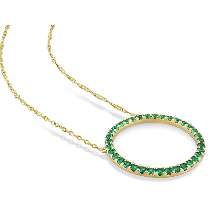 7/8 Carat (ctw) Lab-Created Emerald Circle Pendant Necklace in 10K Yellow Gold with Chain Image 3