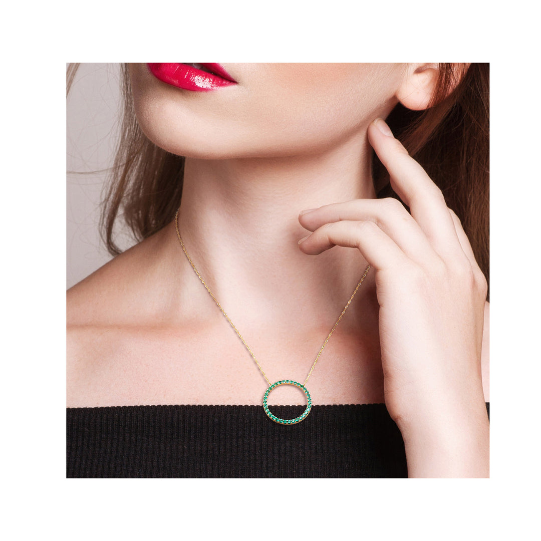 7/8 Carat (ctw) Lab-Created Emerald Circle Pendant Necklace in 10K Yellow Gold with Chain Image 4