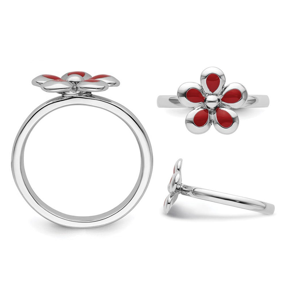 Sterling Silver Flower Ring with Red Enamel Image 2