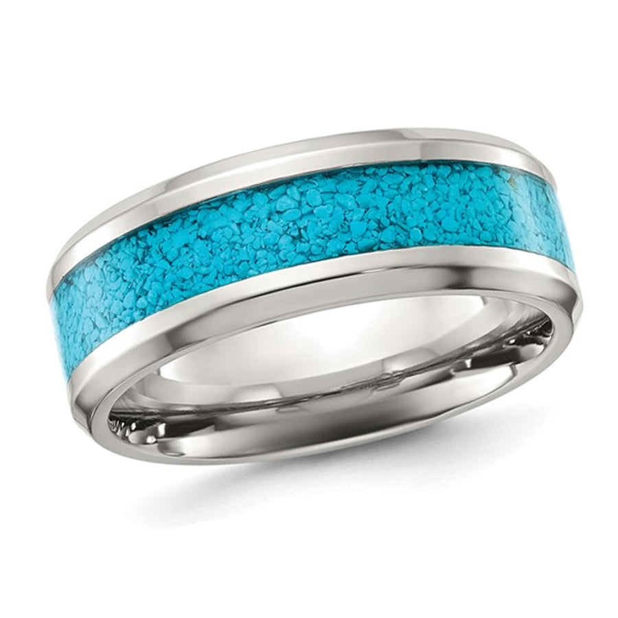 Mens Stainless Steel Band Ring with Turquoise Inlay (8mm) Image 1
