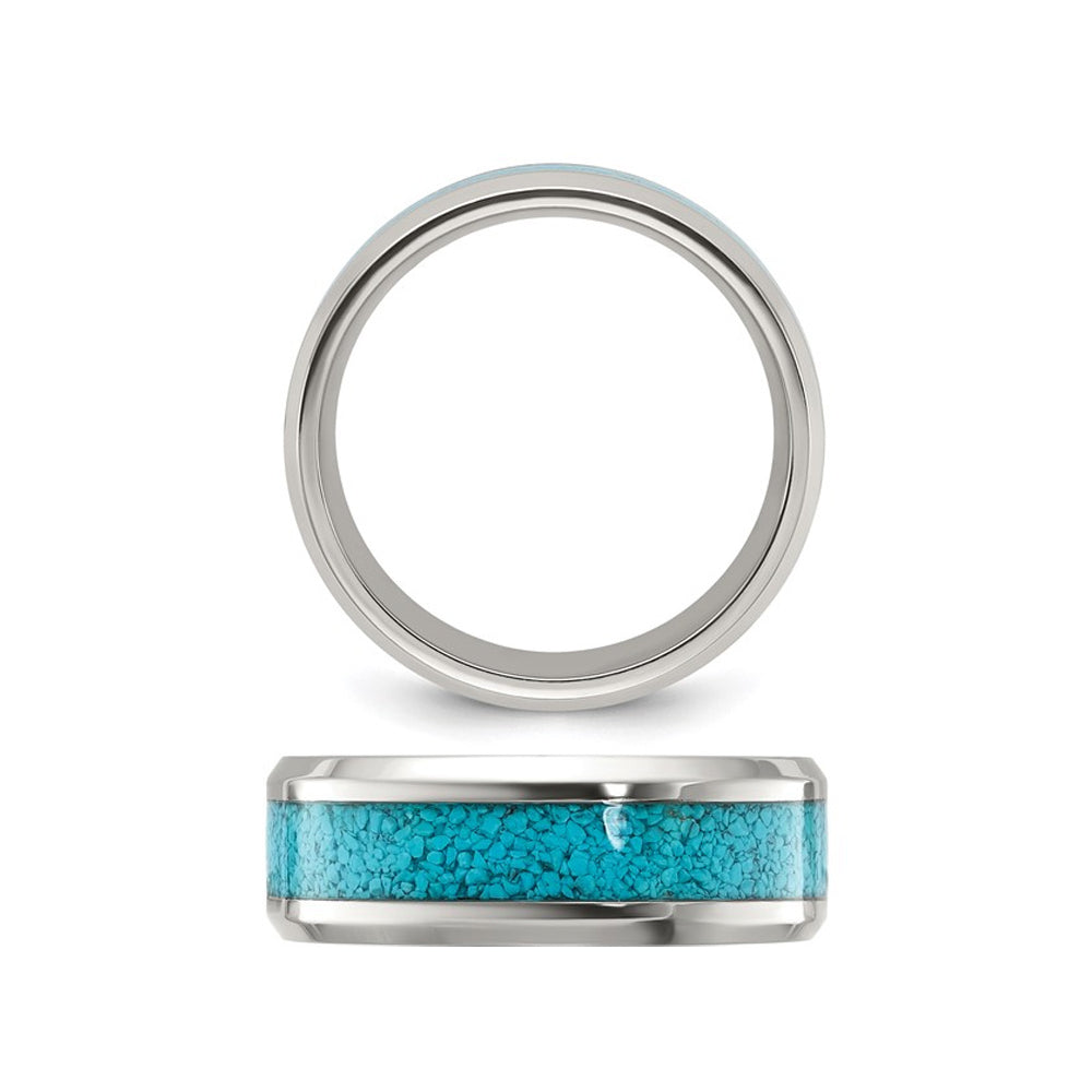 Mens Stainless Steel Band Ring with Turquoise Inlay (8mm) Image 3