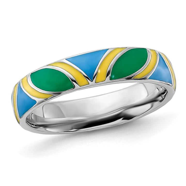 Sterling Silver Polished Multi-Colored Enameled Band Ring Image 1