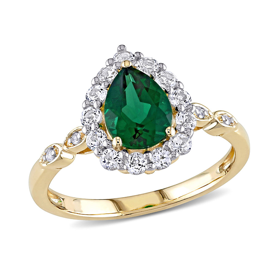 1.67 Carat (ctw) Lab-Created Green Emerald and White Topaz Halo Ring in 10K Yellow Gold Image 1