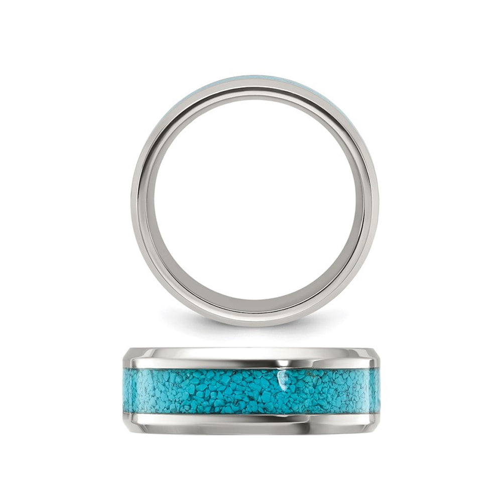 Mens Polished Titanium Band Ring with Turquoise Inlay (8mm) Image 2