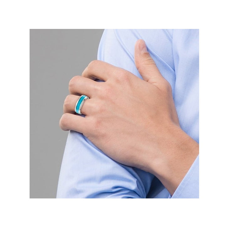 Mens Polished Titanium Band Ring with Turquoise Inlay (8mm) Image 3