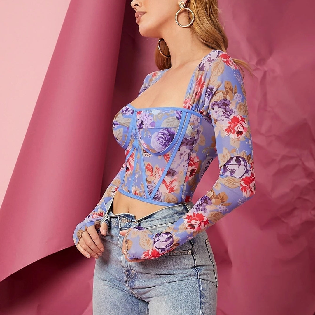 Floral Print Contrast Piping Mesh Crop Top Image 6