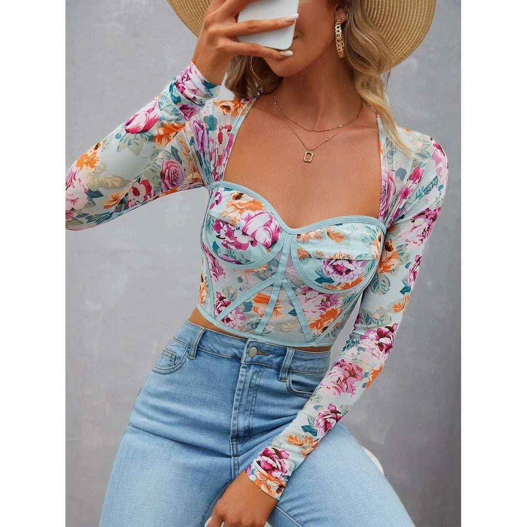 Floral Print Contrast Piping Mesh Crop Top Image 8